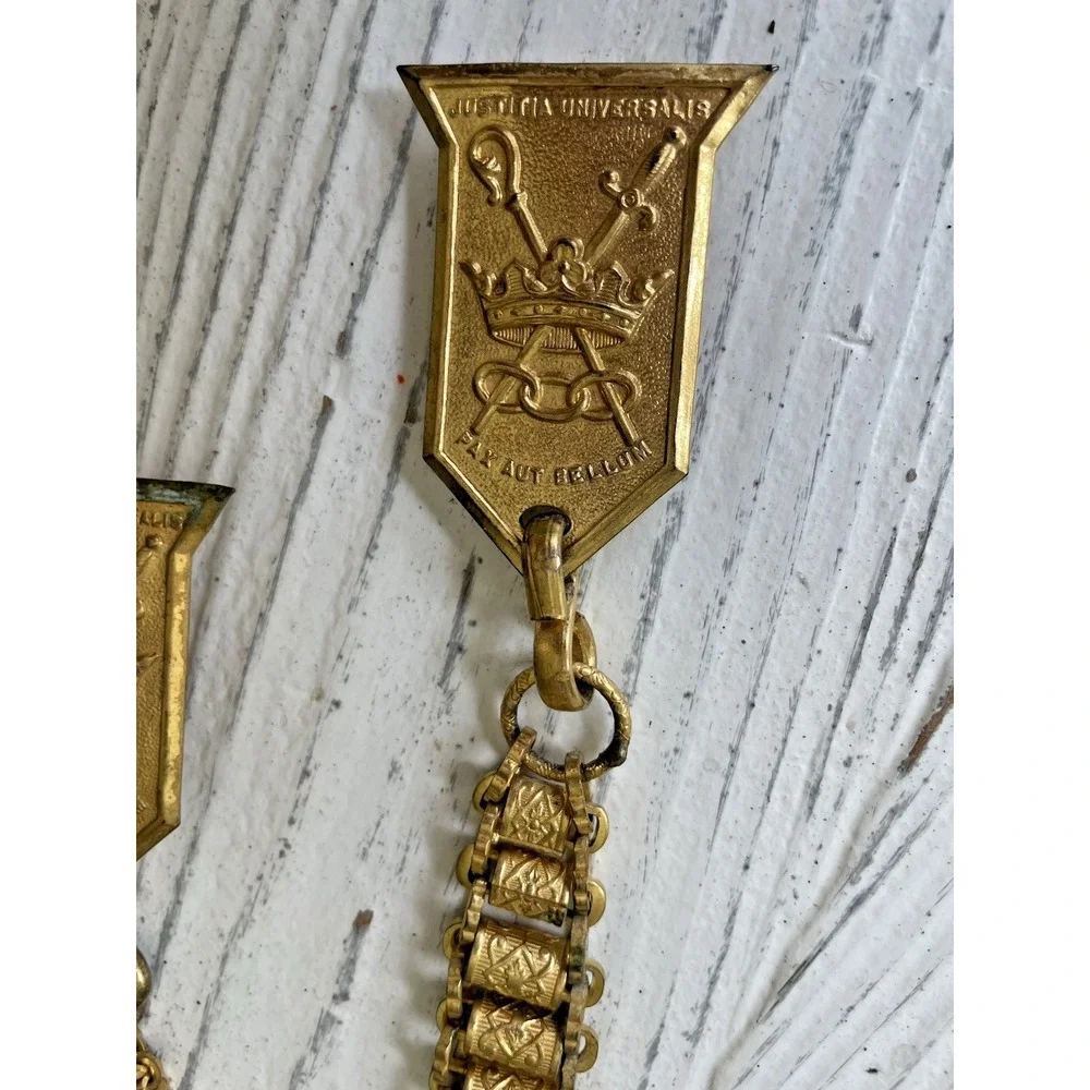 Vtg Fraternal Society  Sword Belt Hanger Gold Tone Chain & Medals Regalia Lot